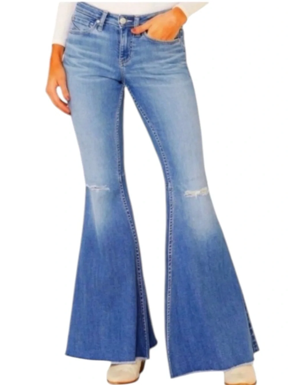 Shyanne Medium Wash Blue Flare Ripped Style Jeans Stretchy Comfortable W28X36L - Picture 11 of 16